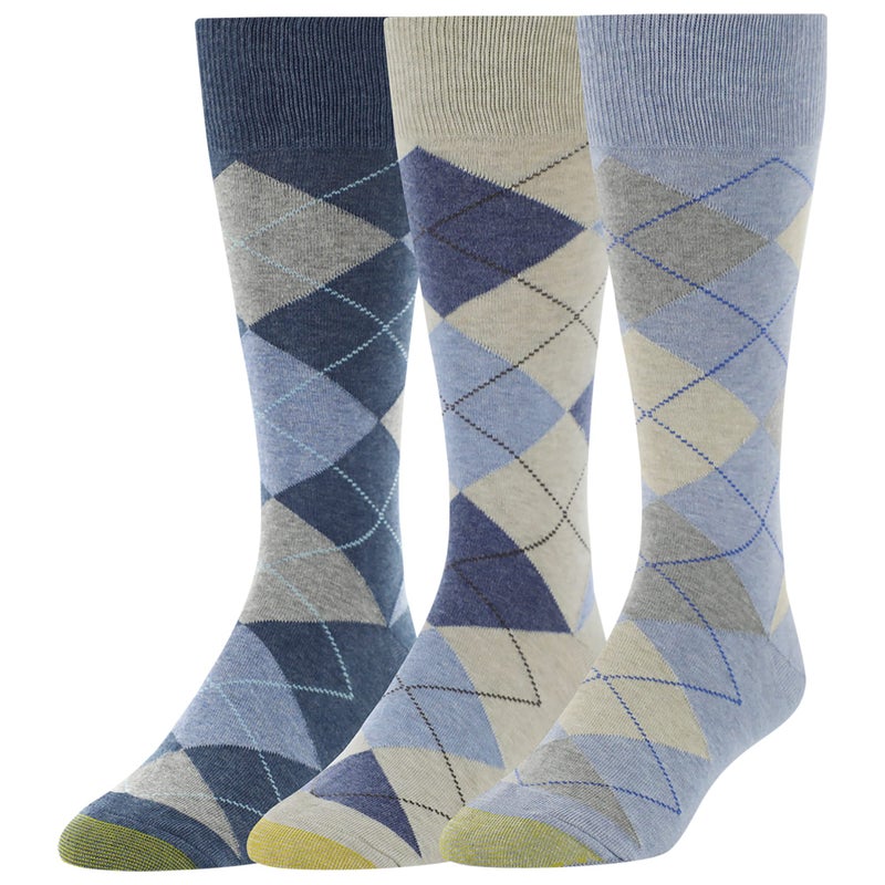 GOLDTOE Men's Carlyle Argyle Crew Dress Socks, 3-Pairs, Chambray/Oatmeal, Large - Image 1